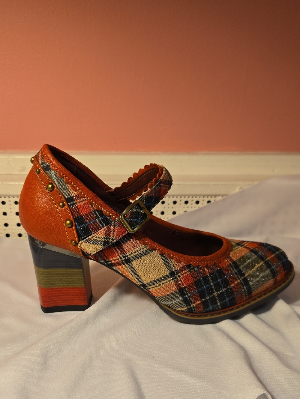 Plaid Mary Jane Block Heel Pumps in Red/multi - Picture 2 of 5
